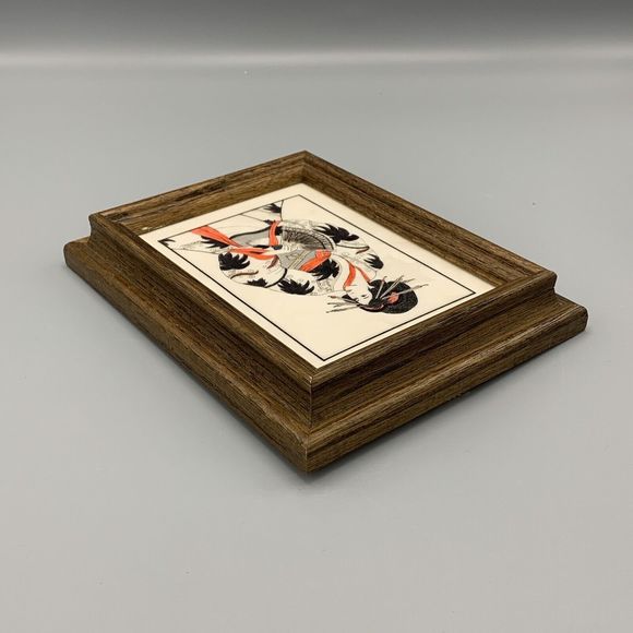 Framed Geisha Girl in Kimono Robe Fan Etched Art D R Mueller Signed Faux Marble - Picture 5 of 14